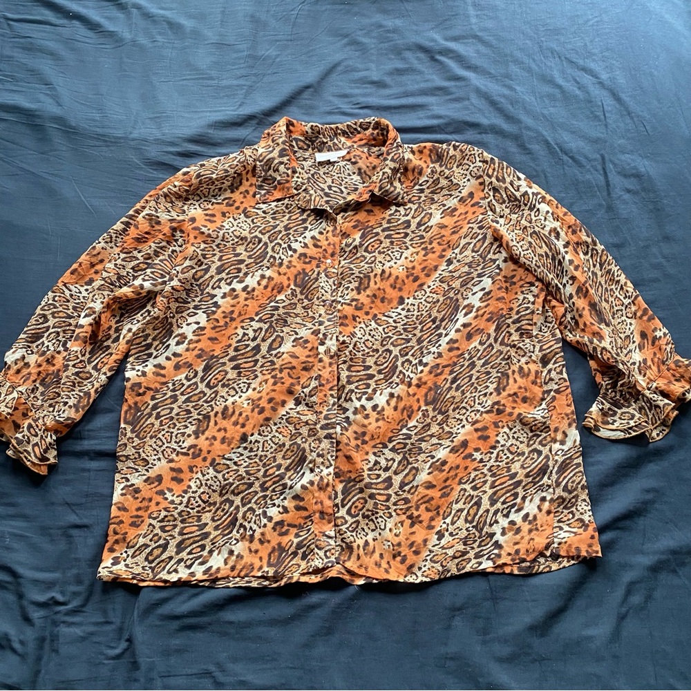 Animal Print Button-Up Shirt - Orange/Brown